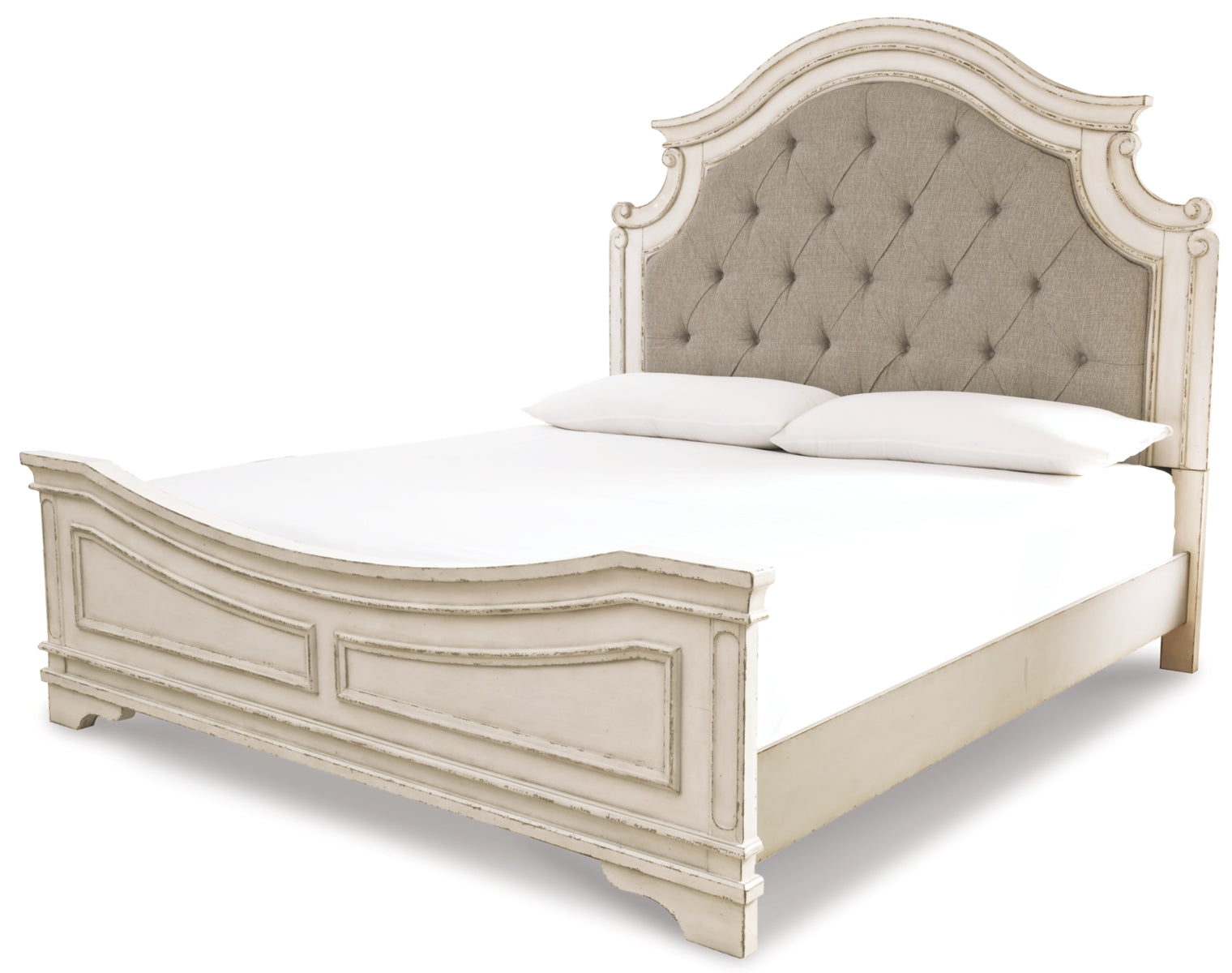 Realyn King Upholstered Panel Bed with Mirrored Dresser, Chest and Nightstand
