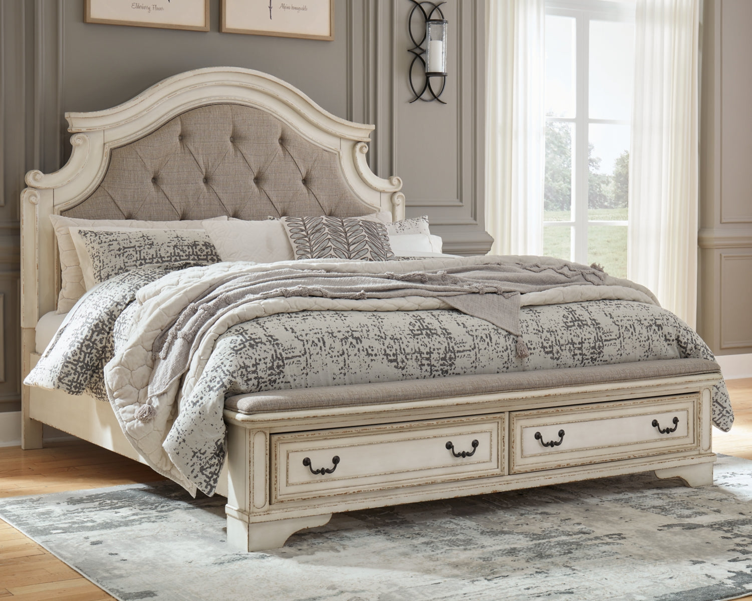 Realyn Queen Upholstered Bed with Mirrored Dresser and 2 Nightstands