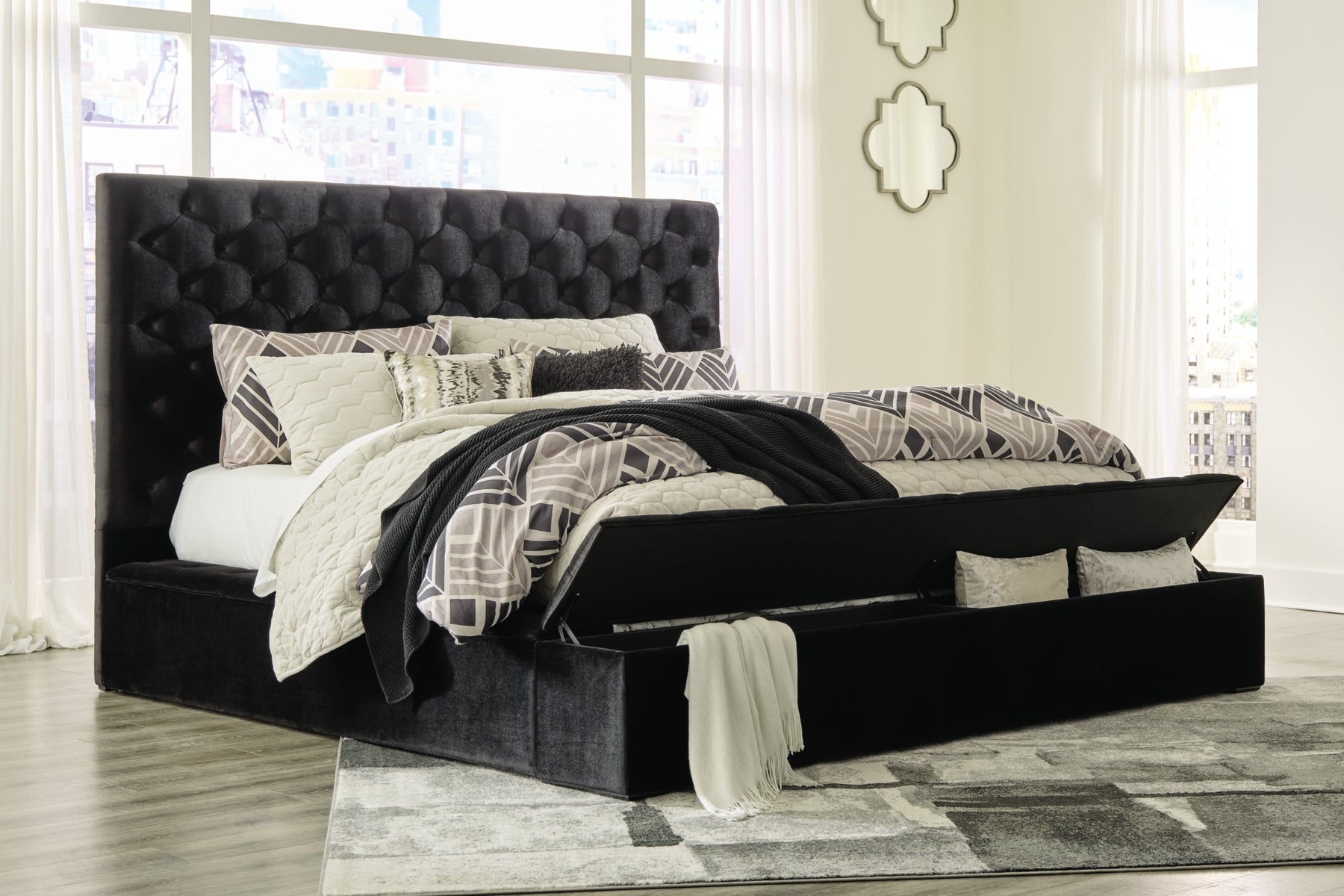 Lindenfield King Upholstered Bed with Storage with Mirrored Dresser, Chest and Nightstand