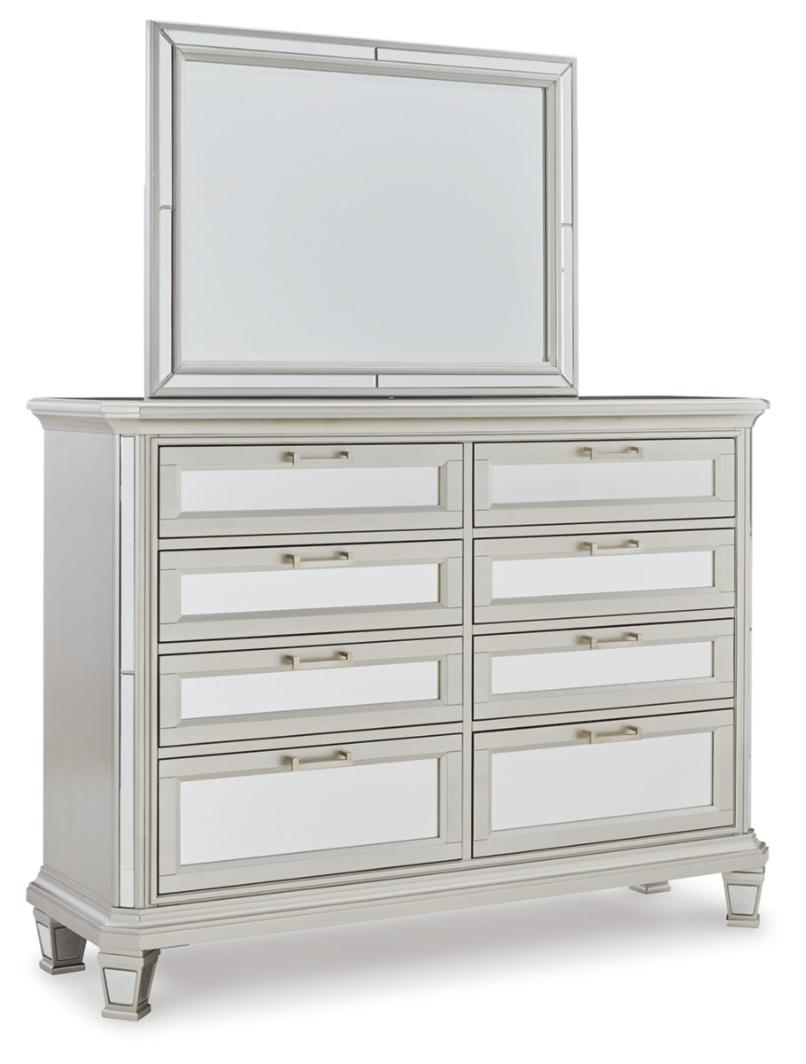Lindenfield King Upholstered Panel Bed with Mirrored Dresser, Chest and Nightstand