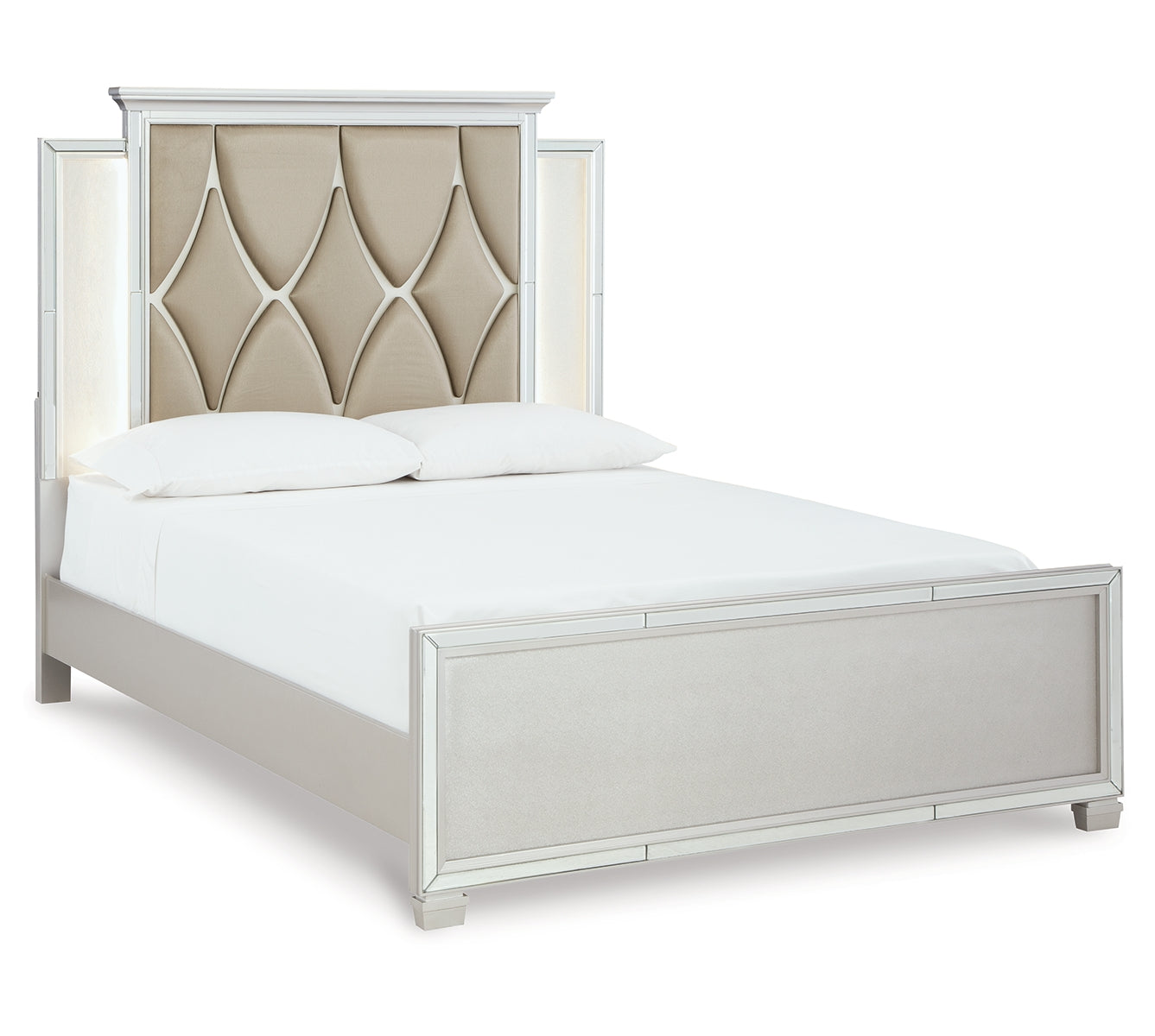 Lindenfield Queen Upholstered Panel Bed with Mirrored Dresser, Chest and 2 Nightstands