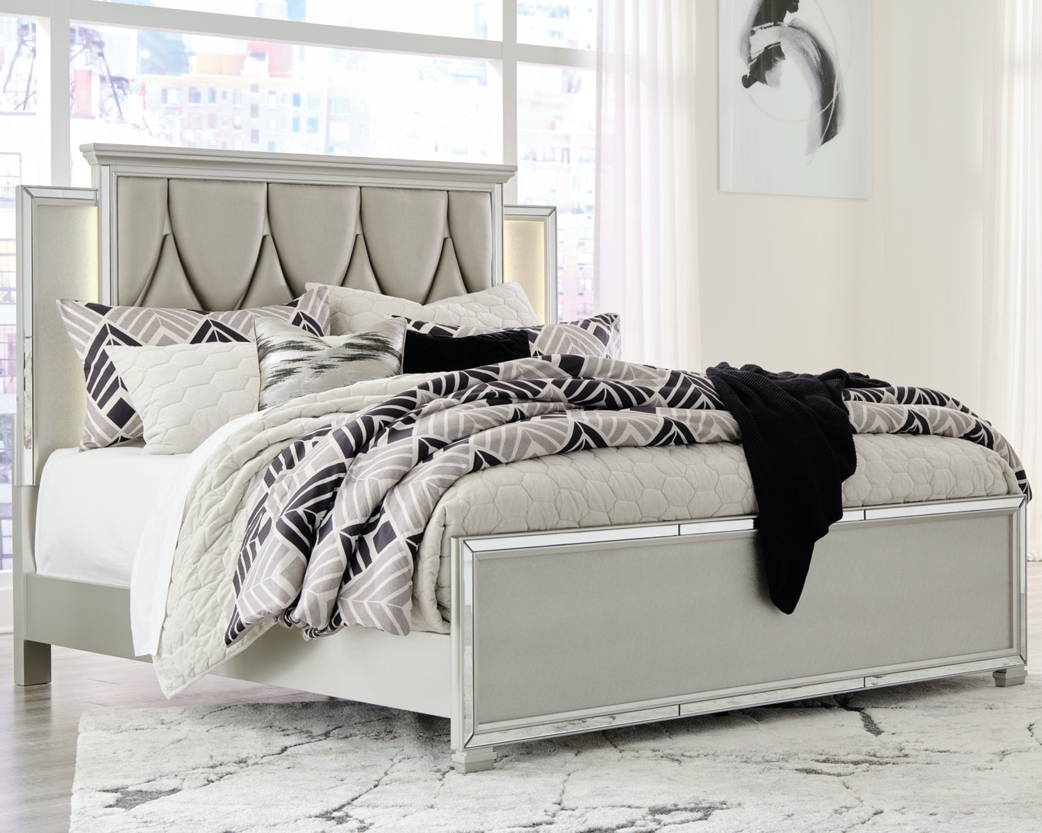Lindenfield King Upholstered Panel Bed with Mirrored Dresser, Chest and 2 Nightstands