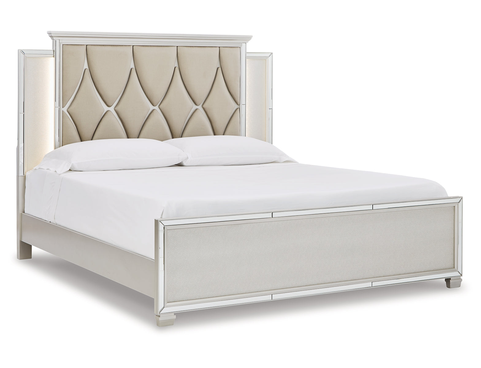 Lindenfield King Upholstered Panel Bed with Mirrored Dresser, Chest and 2 Nightstands