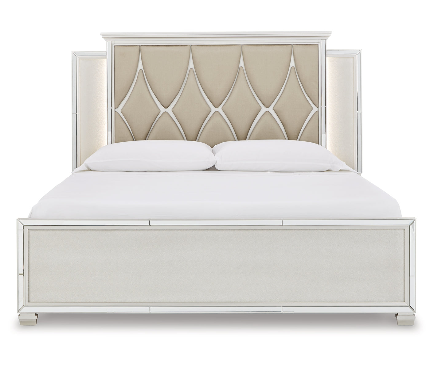 Lindenfield King Upholstered Panel Bed with Mirrored Dresser, Chest and Nightstand