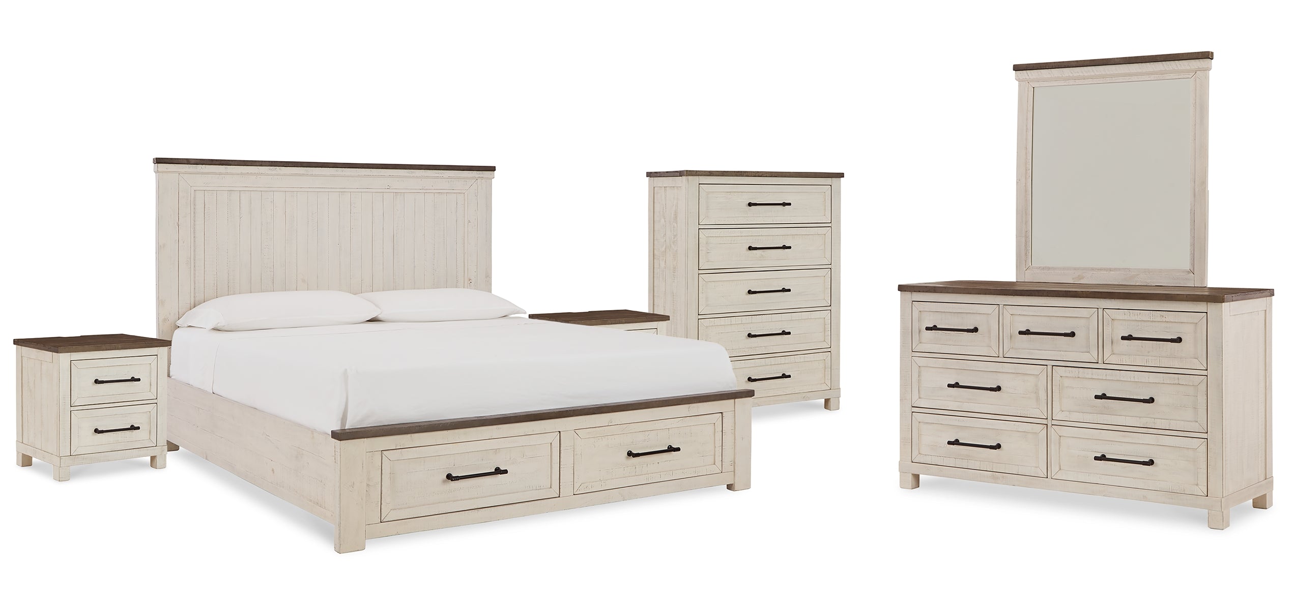 Brewgan King Panel Storage Bed with Mirrored Dresser, Chest and 2 Nightstands