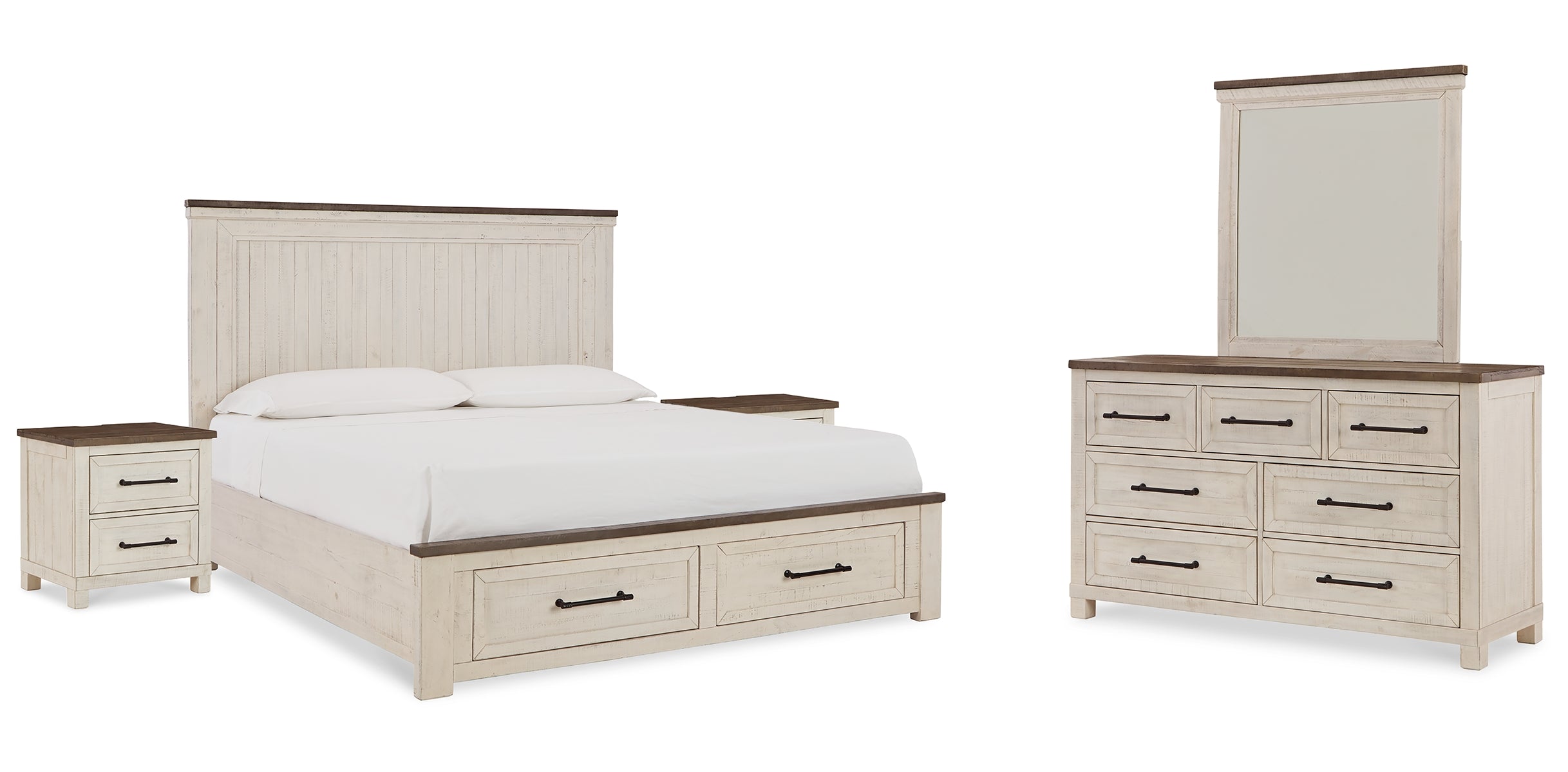 Brewgan King Panel Storage Bed with Mirrored Dresser and 2 Nightstands