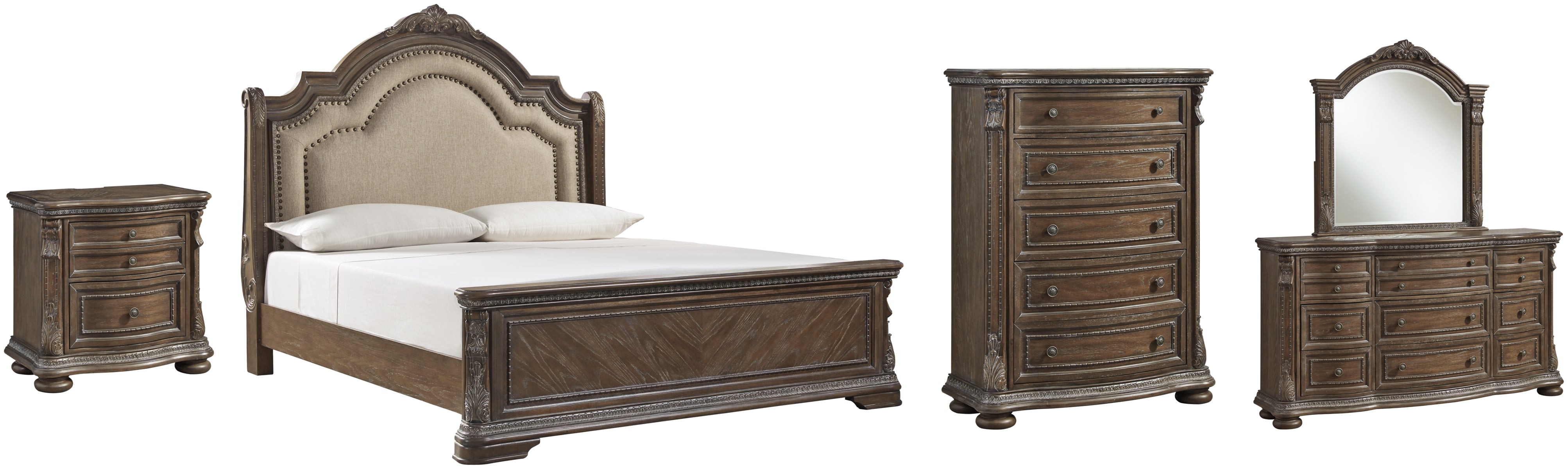 Charmond King Upholstered Sleigh Bed with Mirrored Dresser, Chest and Nightstand