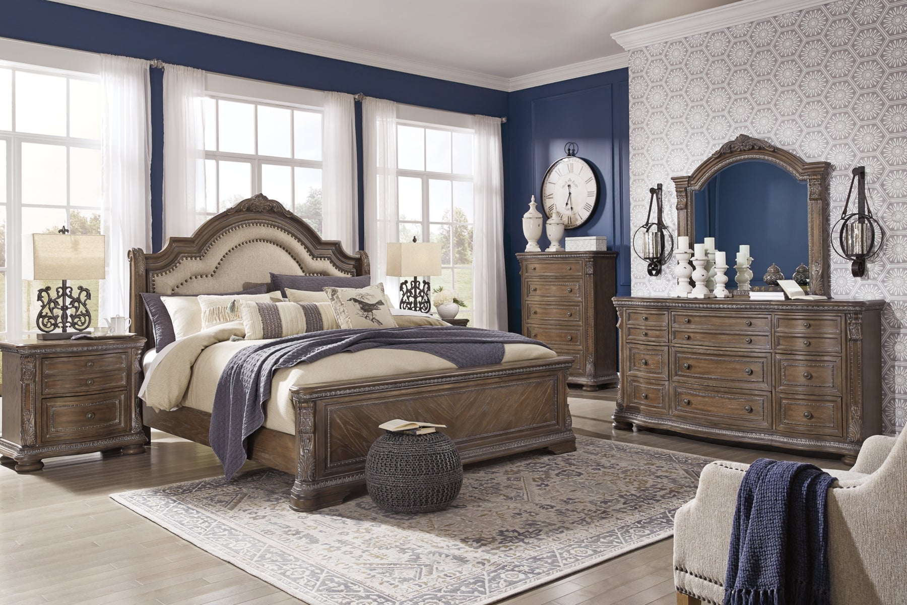 Charmond Queen Upholstered Sleigh Bed with Mirrored Dresser, Chest and 2 Nightstands