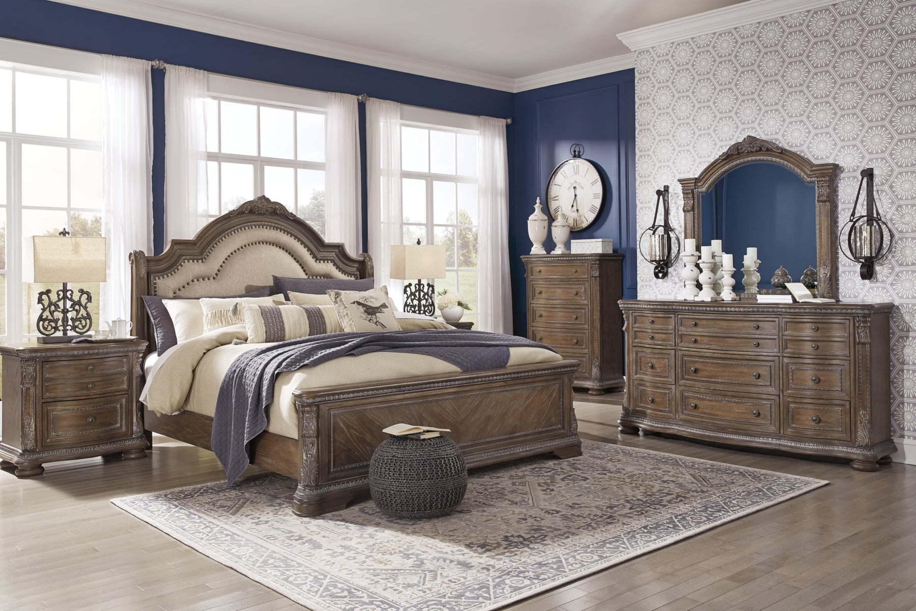 Charmond King Upholstered Sleigh Bed with Mirrored Dresser