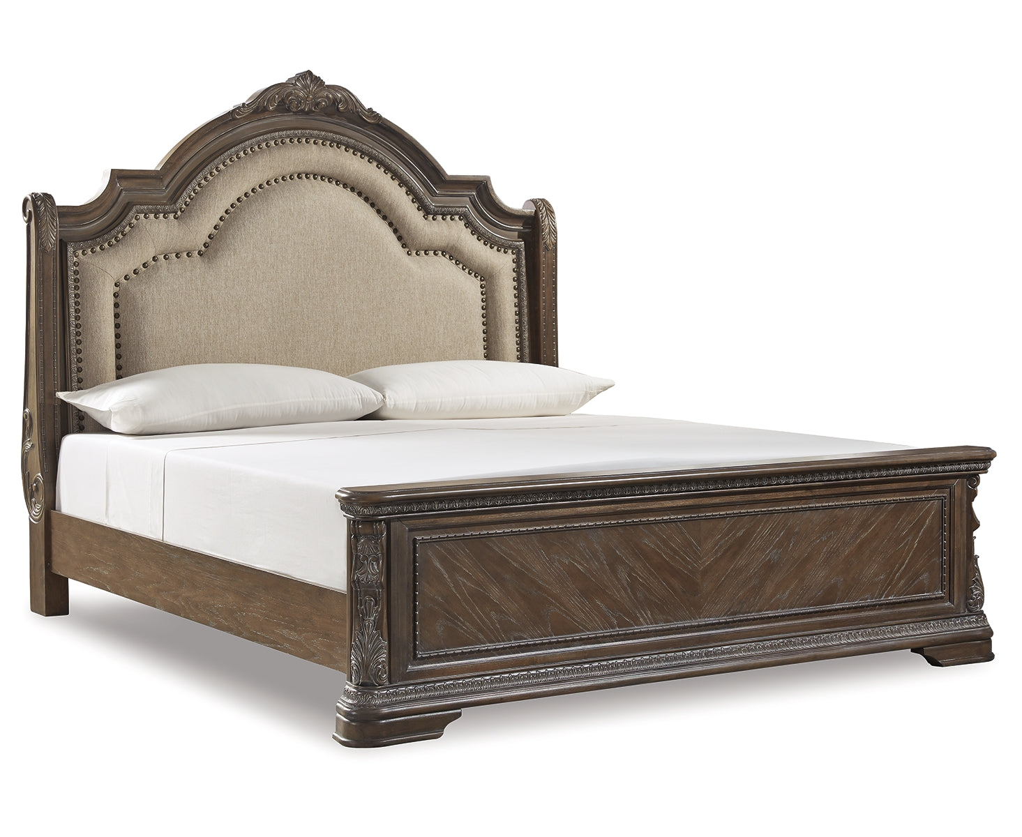 Charmond King Upholstered Sleigh Bed with Mirrored Dresser and Chest
