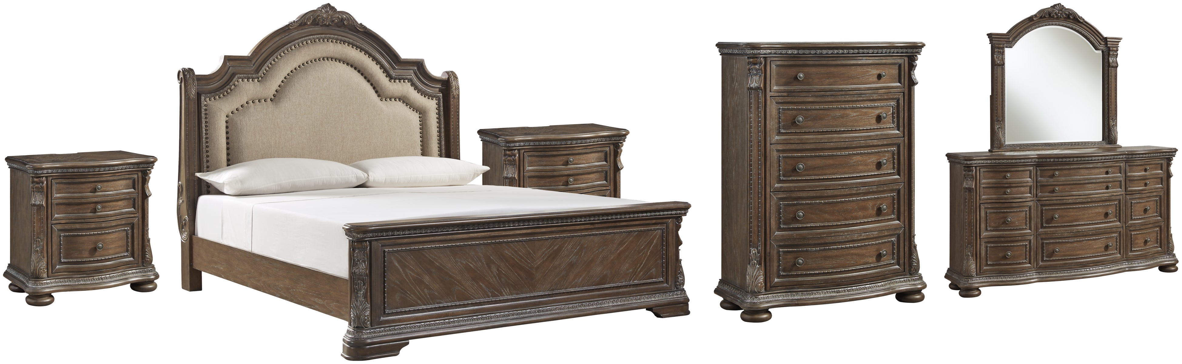 Charmond Queen Upholstered Sleigh Bed with Mirrored Dresser, Chest and 2 Nightstands