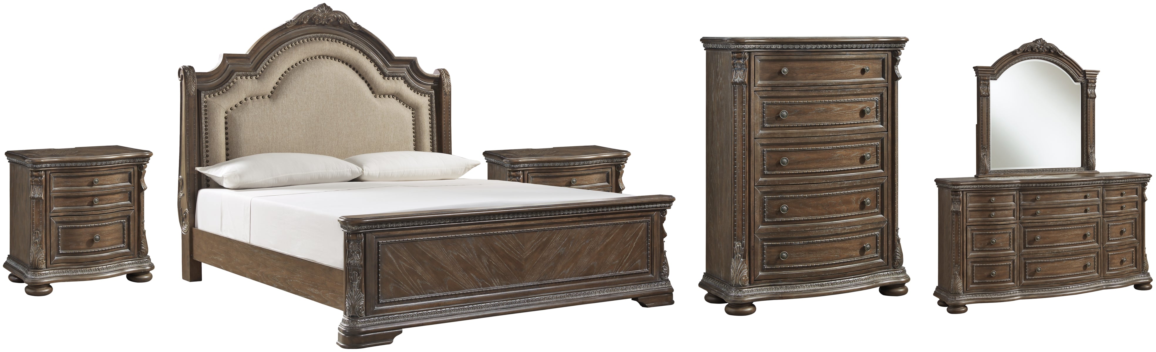 Charmond King Upholstered Sleigh Bed with Mirrored Dresser, Chest and 2 Nightstands