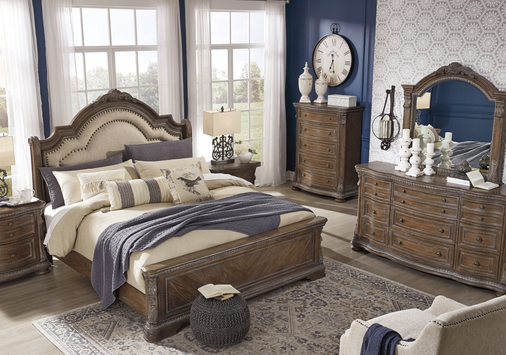 Charmond King Upholstered Sleigh Bed with Mirrored Dresser and Chest