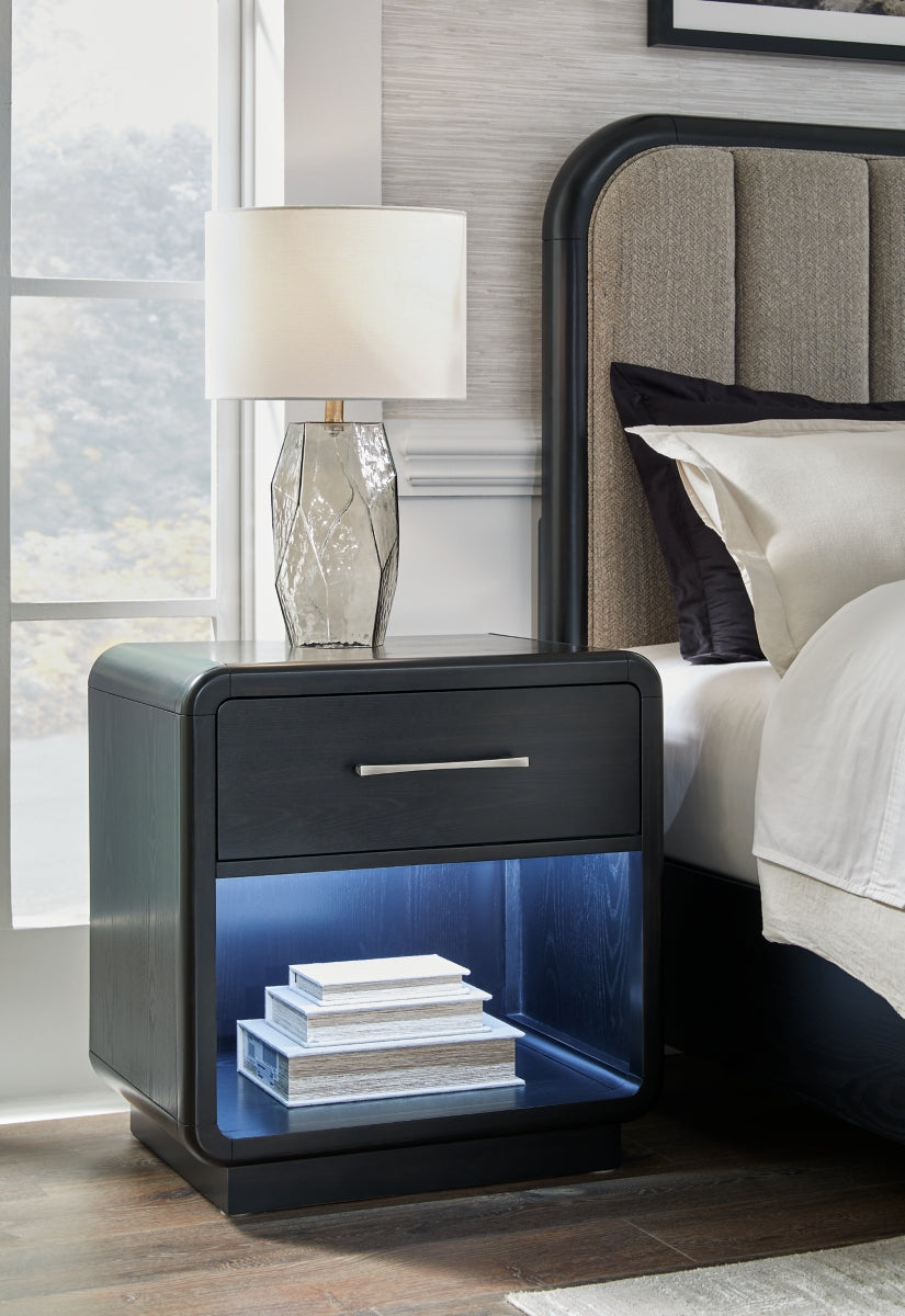 Rowanbeck King Upholstered Panel Bed with Mirrored Dresser and Nightstand