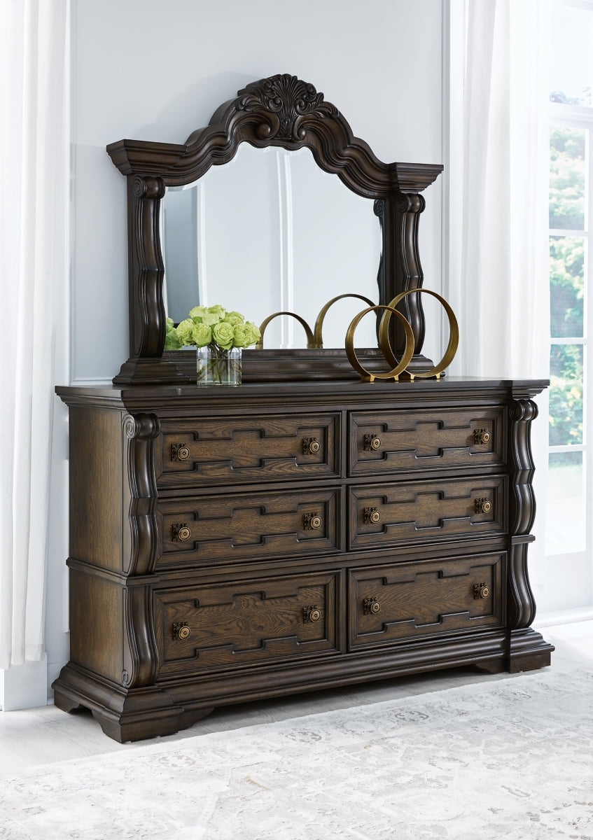 Maylee King Upholstered Bed with Mirrored Dresser, Chest and Nightstand