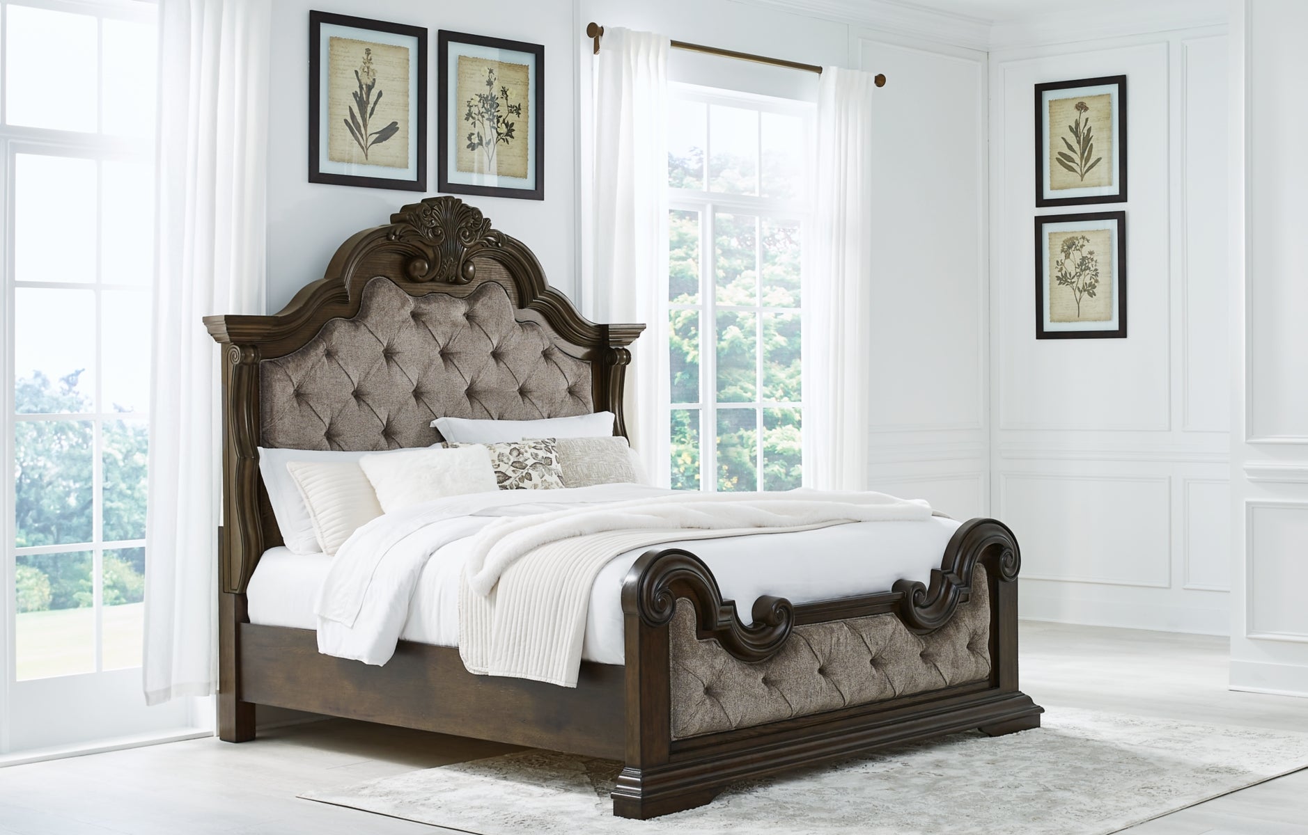 Maylee King Upholstered Bed with Mirrored Dresser and Chest