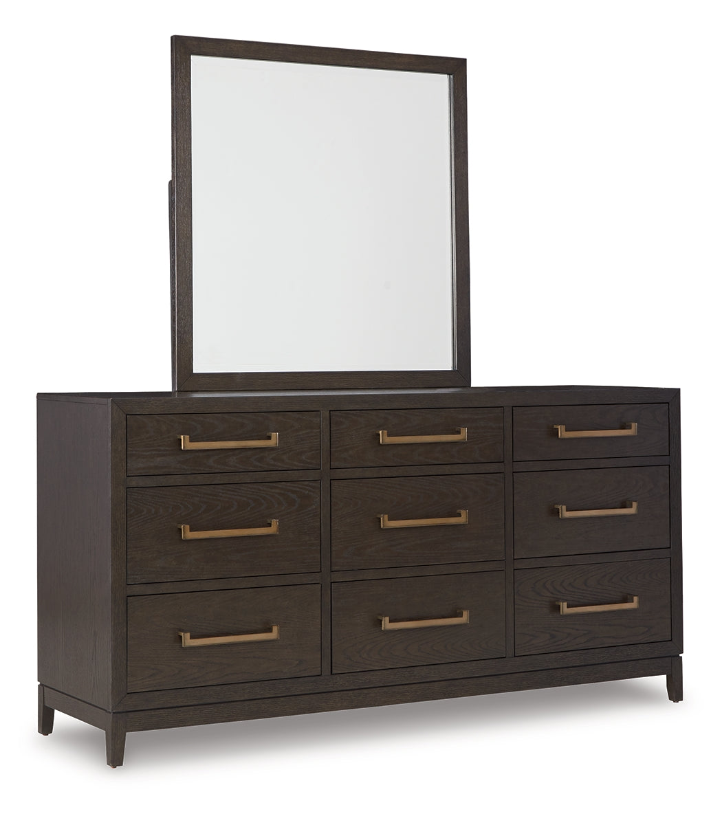 Burkhaus Queen Upholstered Bed with Mirrored Dresser and Chest