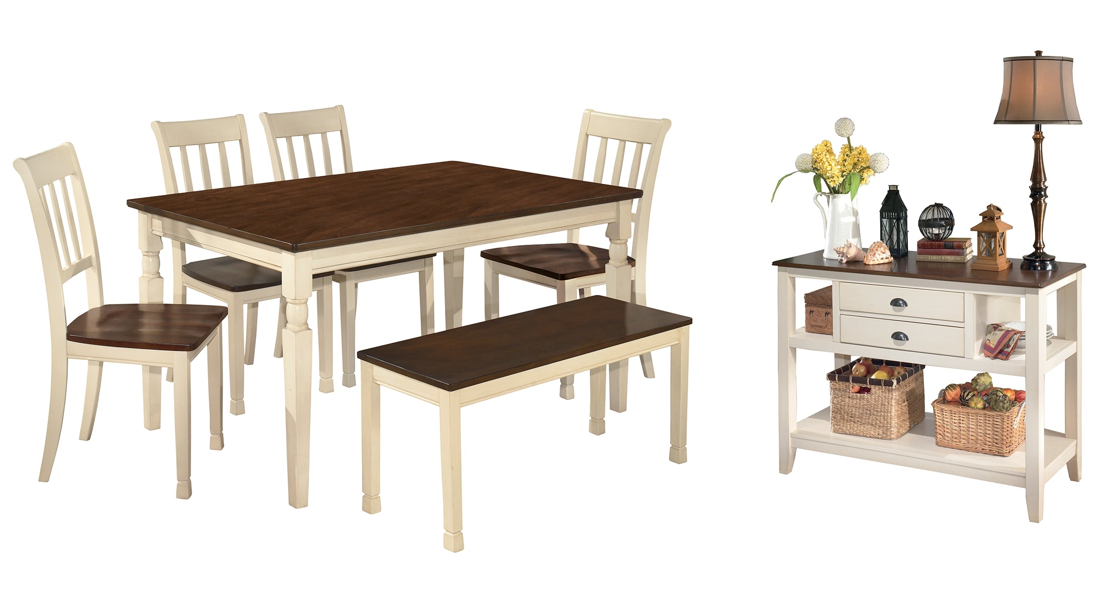 Whitesburg Dining Table and 4 Chairs and Bench with Storage